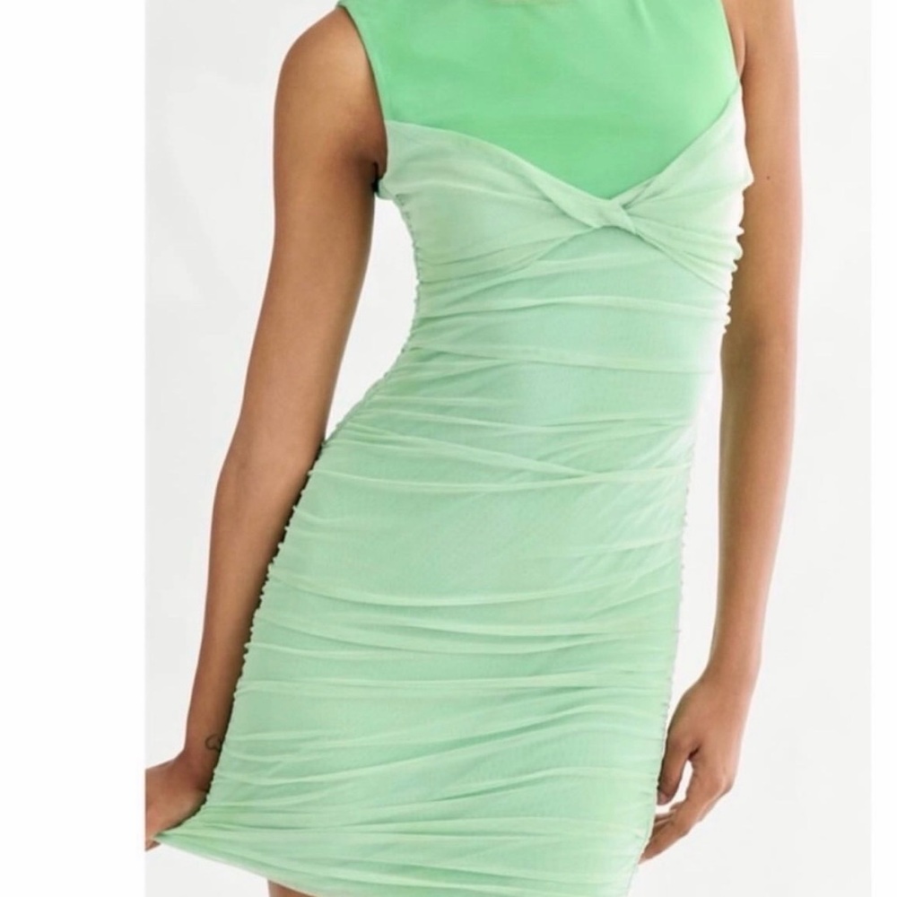 Zara Light Green Ruched Mini Dress